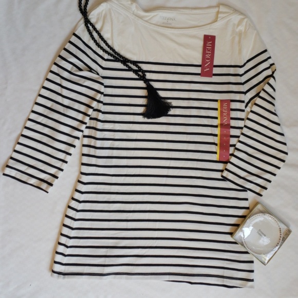 Merona Tops - 3/4 Sleeve striped boatneck tee